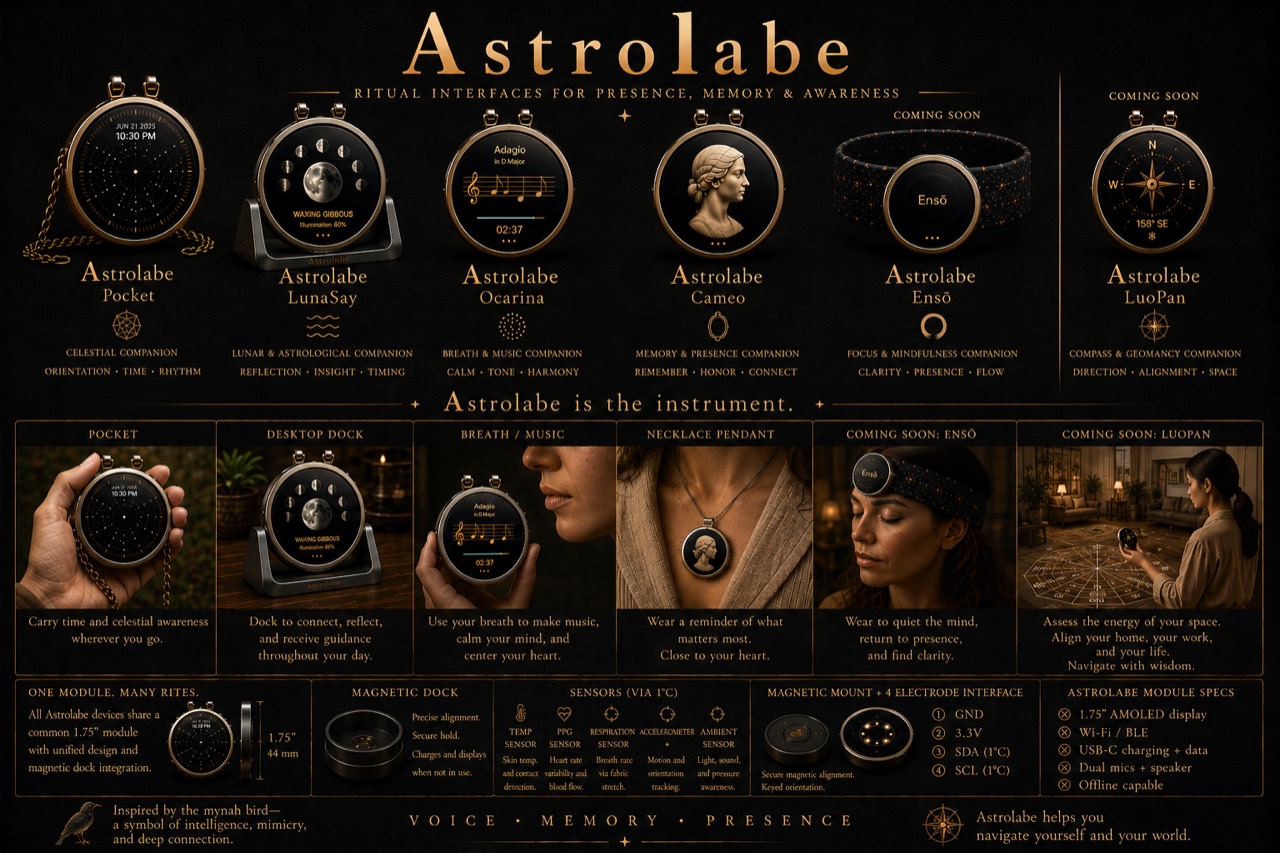 Astrolabe product family poster showing Pocket, LunaSay, Ocarina, Cameo, Enso, and LuoPan devices