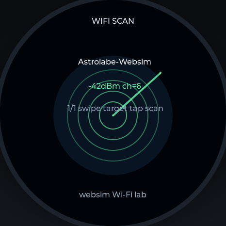 WebSim Wi-Fi Scan face showing a broad scan